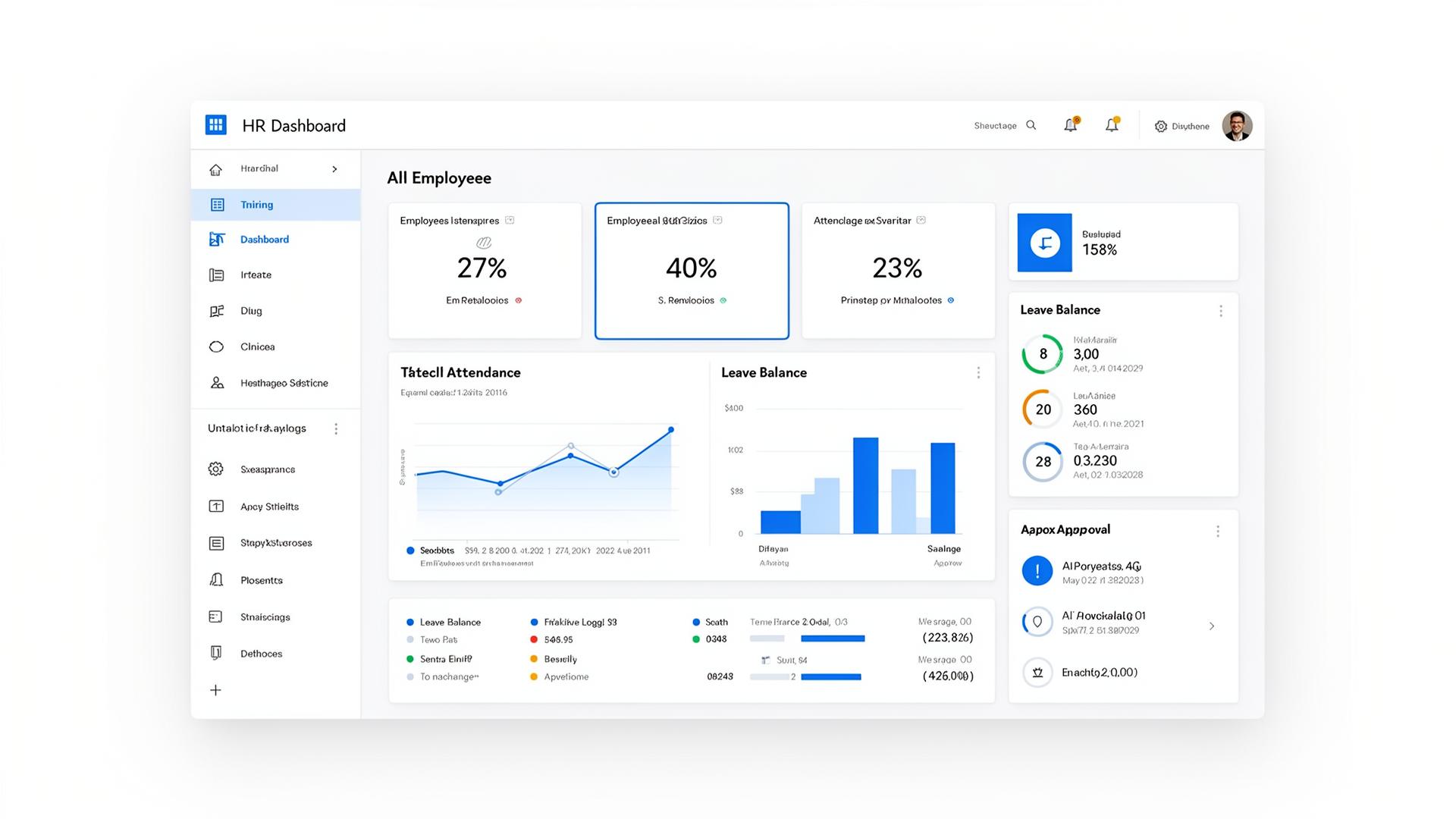 AJR HR Dashboard Preview showing employee statistics, attendance charts, and leave balances